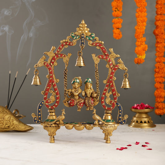 Brass Radha Krishna Swing with Three Diyas 13.5 inch with stonework - Budhshiv.com