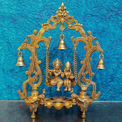 Brass Radha Krishna Swing with Three Diyas 13.5 inch - Budhshiv.com