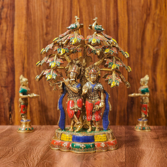 Brass Radha Krishna Under tree Statue 18" - Budhshiv.com