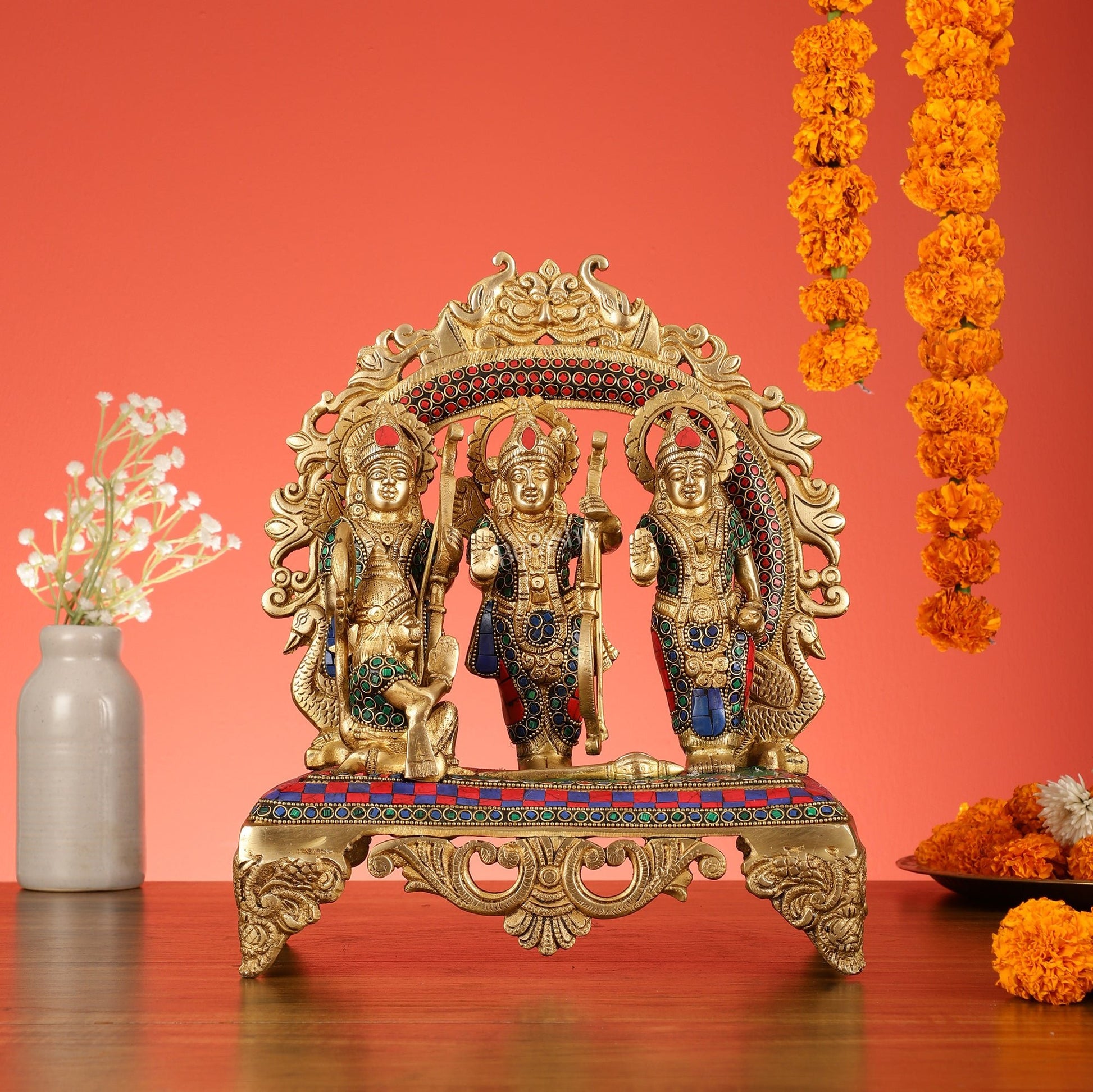 Brass Ram Darbar Idol with Stonework - 12.5 Inch - Budhshiv.com