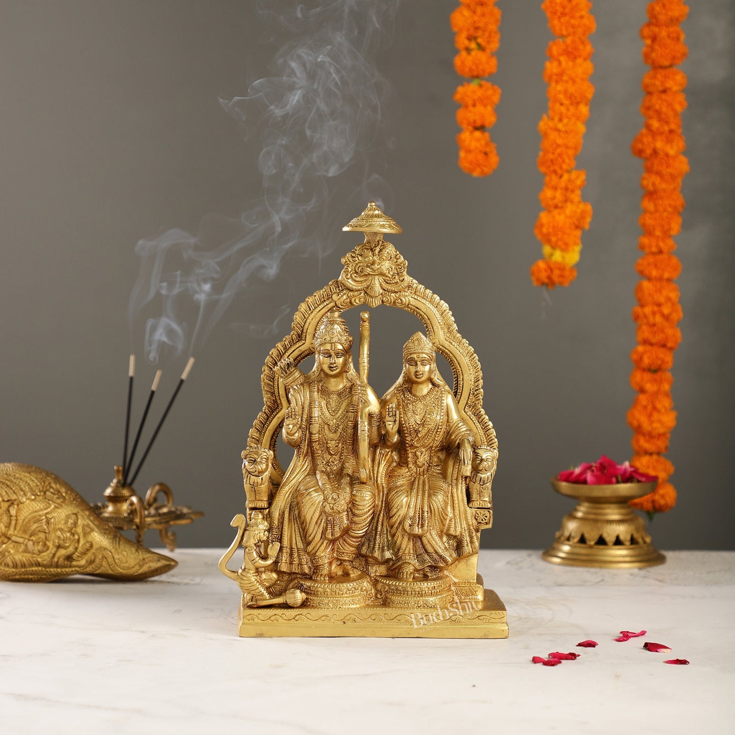 Brass Ram Darbar Idols with Rama, Sita, and Hanuman | 11" Height - Budhshiv.com