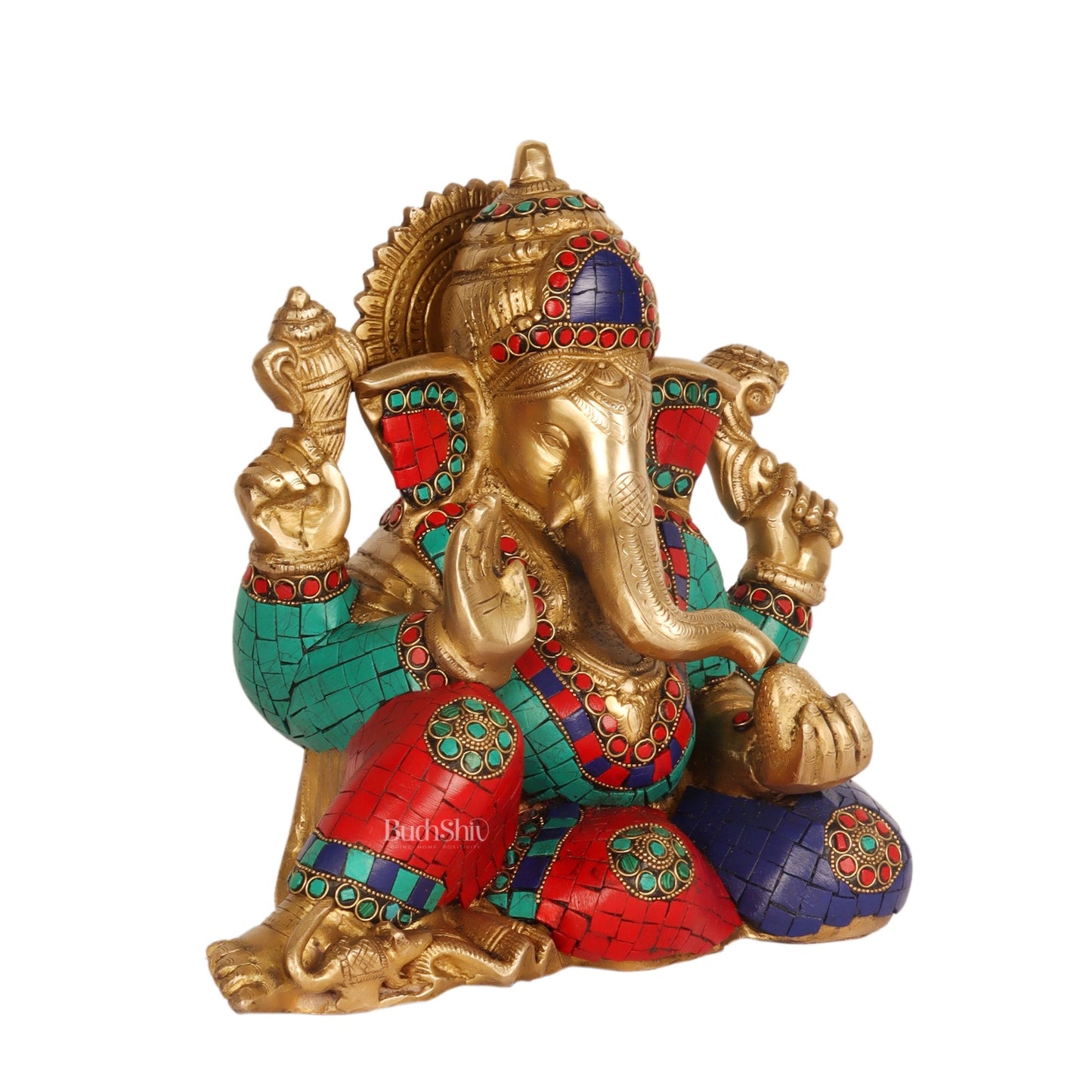 Brass Resting Ganesha Statue with Natural stones 10" - Budhshiv.com