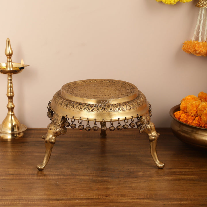 Brass Round Chowki Stool Pedestal with Elephant Legs - Budhshiv.com