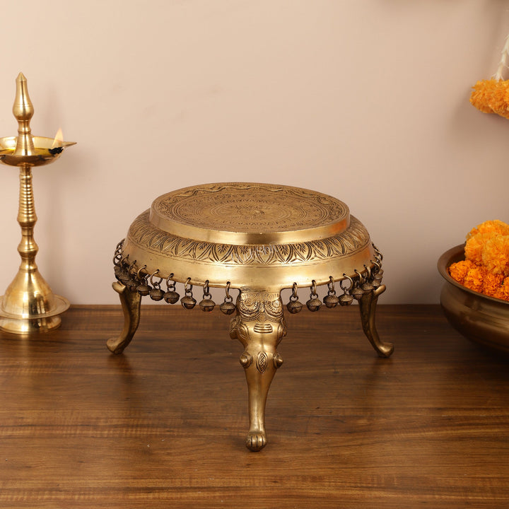 Brass Round Chowki Stool Pedestal with Elephant Legs - Budhshiv.com