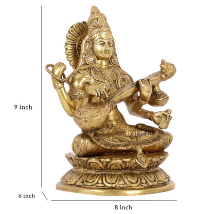 Brass Saraswati Statue 9" antique finish - Budhshiv.com