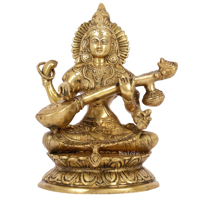 Brass Saraswati Statue 9" antique finish - Budhshiv.com