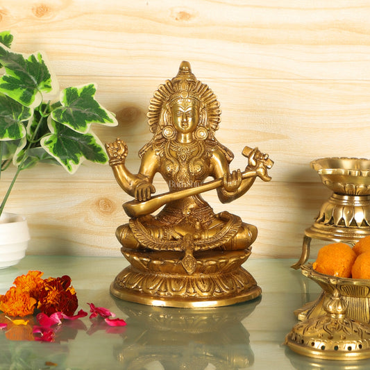 Brass Saraswati Statue 9" - Budhshiv.com