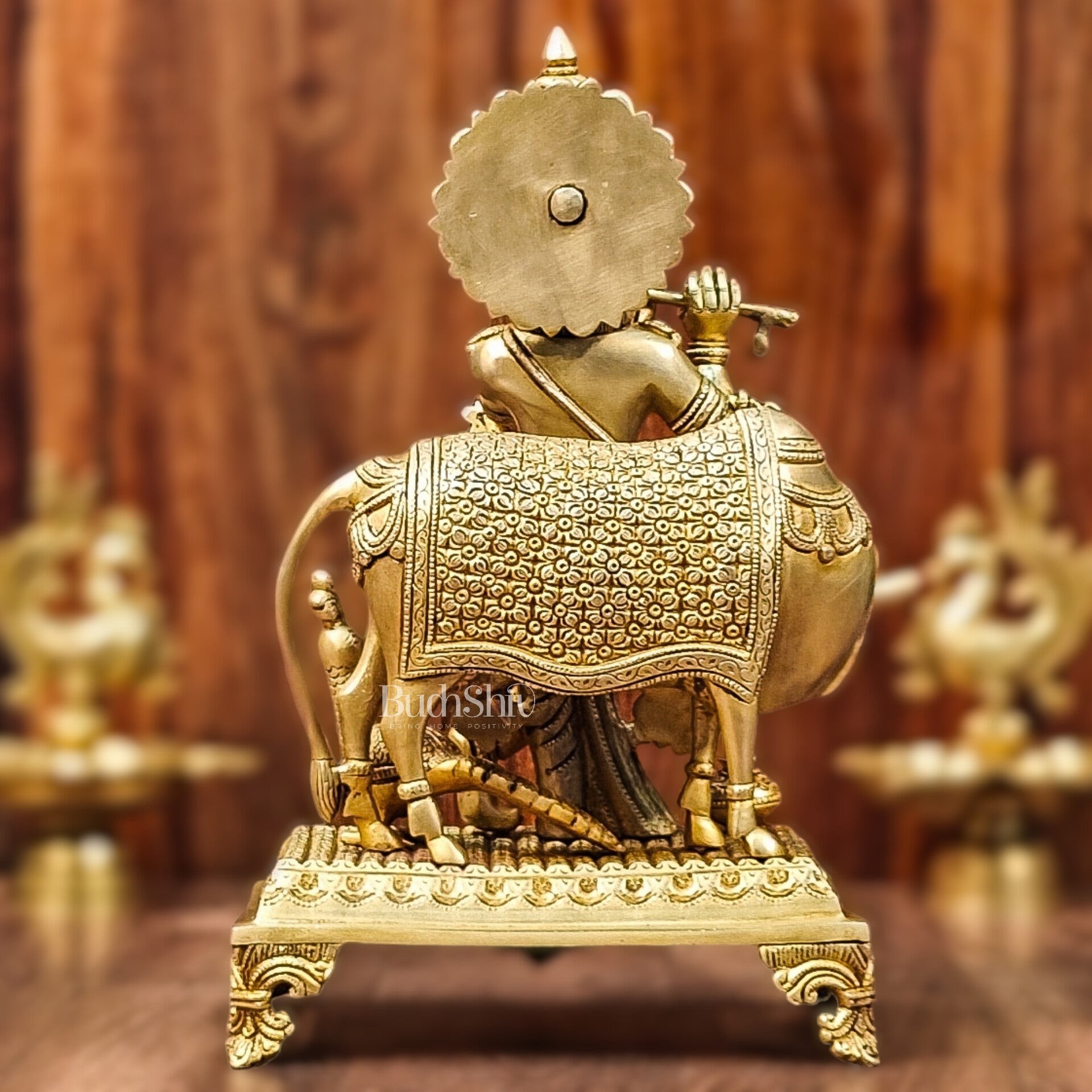 Brass Sculpture of Krishna with Cow and Peacock | Height 16 Inch - Budhshiv.com