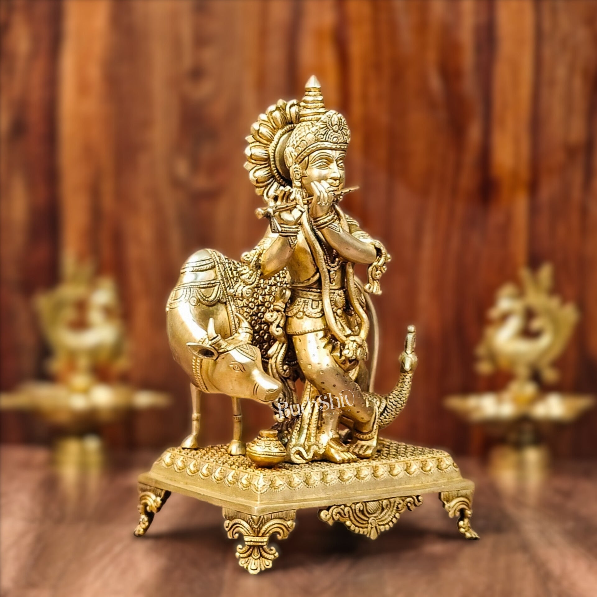 Brass Sculpture of Krishna with Cow and Peacock | Height 16 Inch - Budhshiv.com