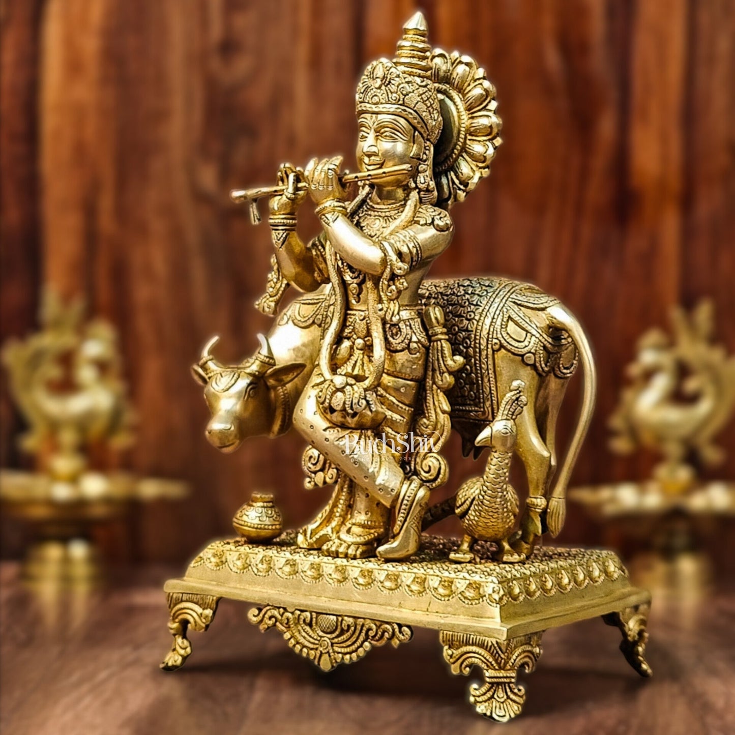 Brass Sculpture of Krishna with Cow and Peacock | Height 16 Inch - Budhshiv.com