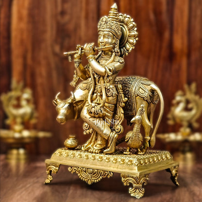 Brass Sculpture of Krishna with Cow and Peacock | Height 16 Inch - Budhshiv.com