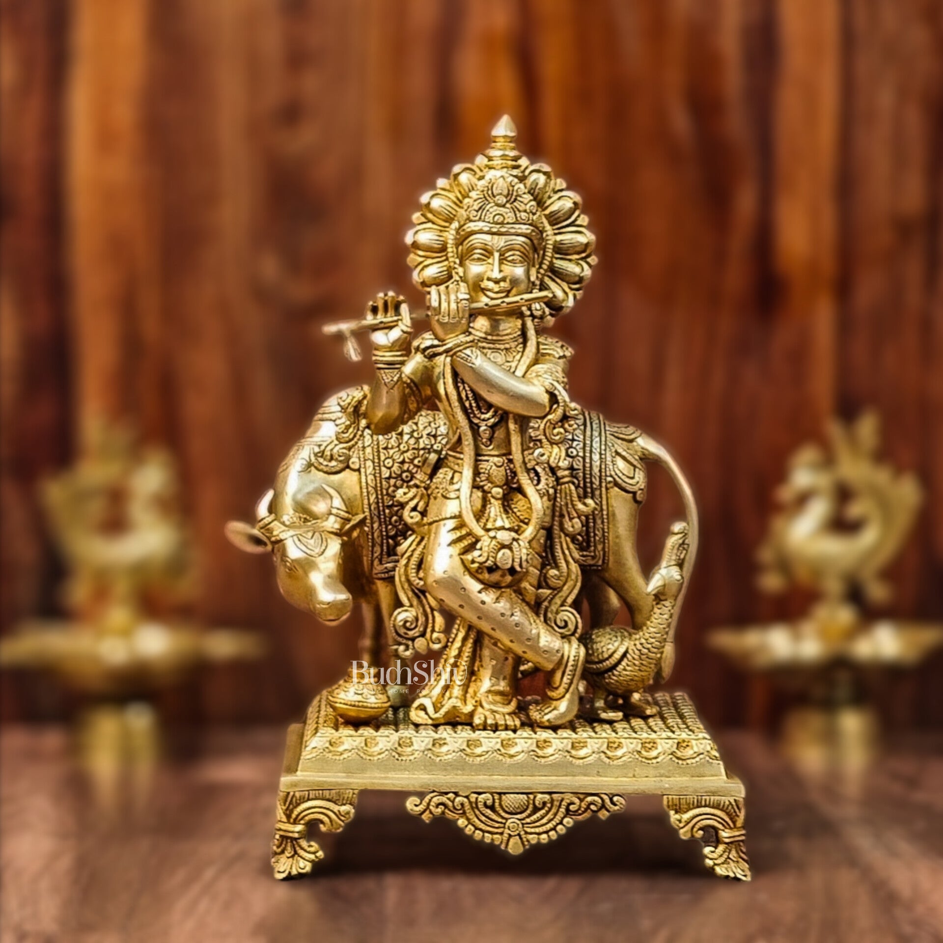 Brass Sculpture of Krishna with Cow and Peacock | Height 16 Inch - Budhshiv.com