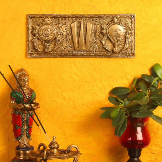 Brass Shank Chakra Namah Wall hanging Gold 10 inch - Budhshiv.com