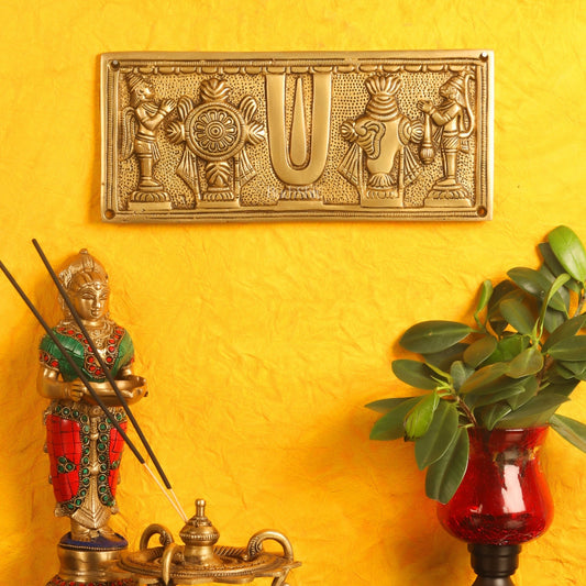 Brass Shank Chakra Namah Wall hanging with Hanuman and Garuda 10" Golden - Budhshiv.com