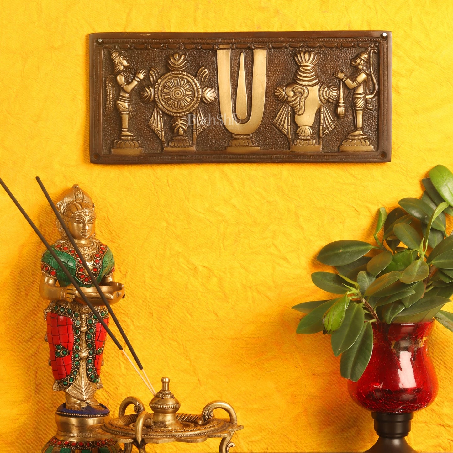 Brass Shank Chakra Namah Wall hanging with Hanuman and Garuda 10" - Budhshiv.com