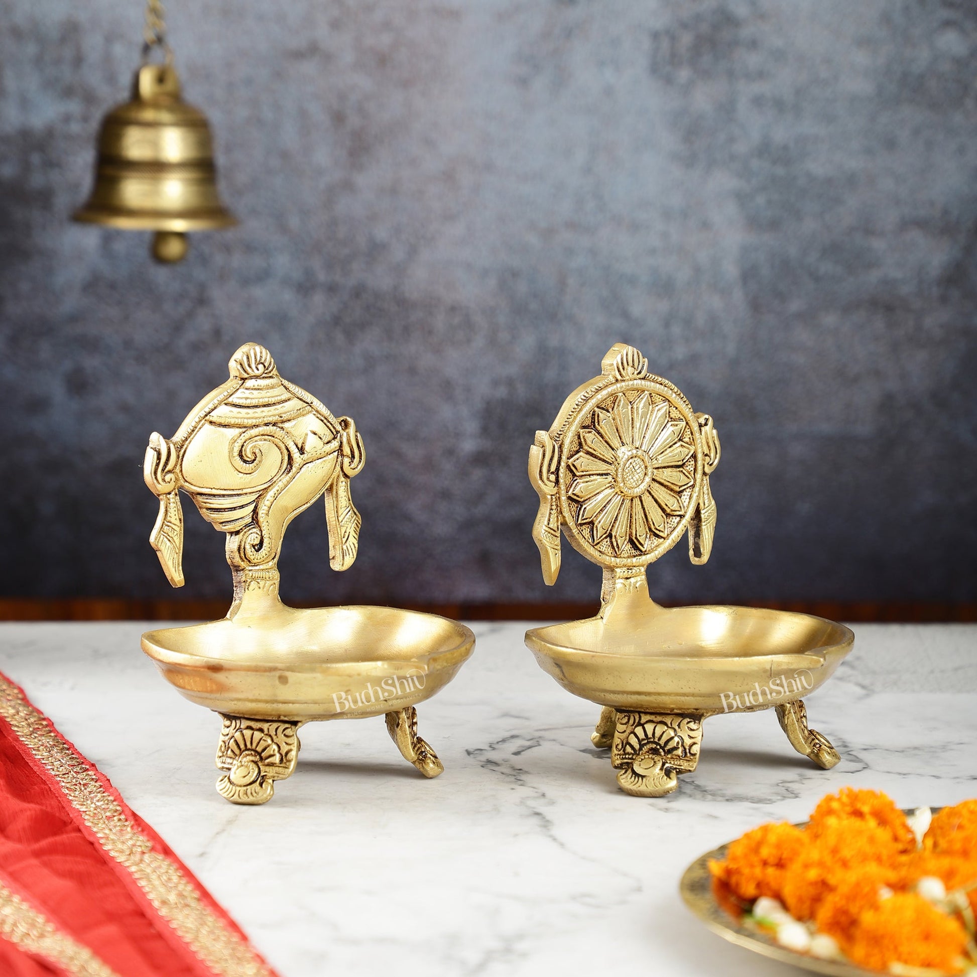 Brass Shankh and Chakra oil lamps 5 inch - Budhshiv.com
