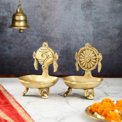 Brass Shankh and Chakra oil lamps 5 inch - Budhshiv.com