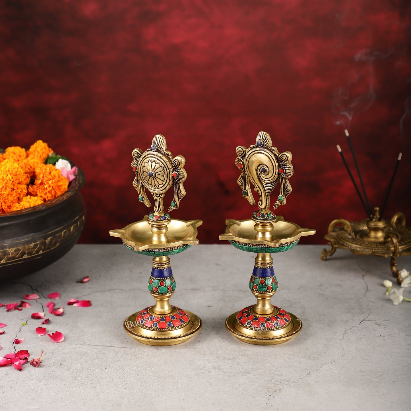 Brass Shankh Chakra lamps 9 inch - Budhshiv.com