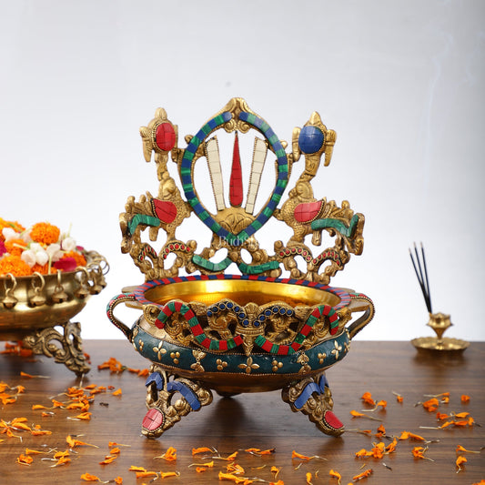 Brass Shankh Chakra Namah Urli Bowl with Stonework - 11x9.5x8.5 Inch - Budhshiv.com