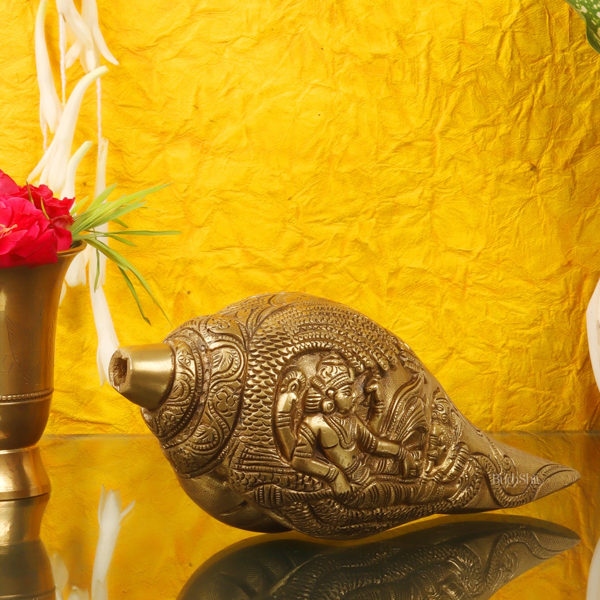Brass Shankh Vishnu Lakshmi conch 7.5" - Budhshiv.com