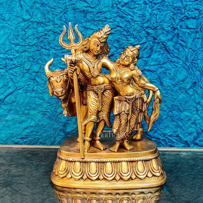 Brass Shiva and Parvati Idol with Nandi | 8.5 inch - Budhshiv.com