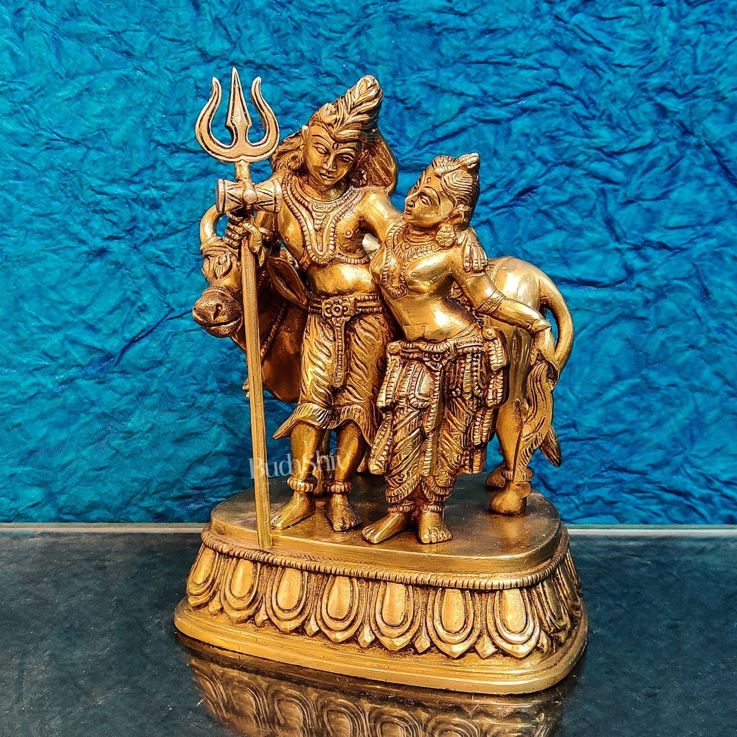 Brass Shiva and Parvati Idol with Nandi | 8.5 inch - Budhshiv.com