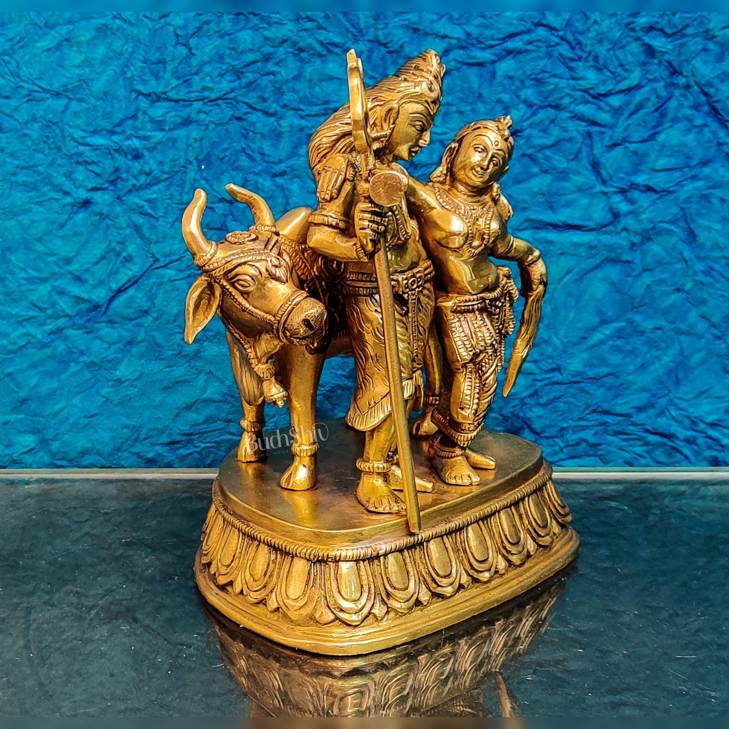 Brass Shiva and Parvati Idol with Nandi | 8.5 inch - Budhshiv.com