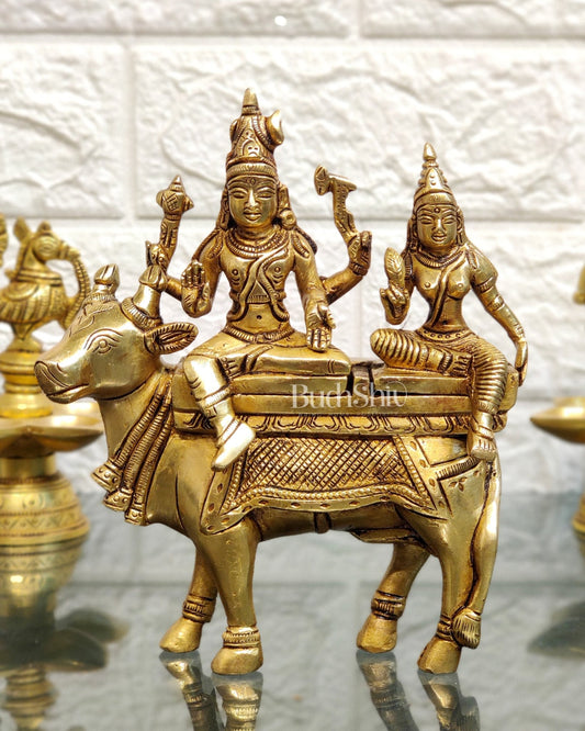 Brass Shiva Parvati Seated on Nandi | Pradosh Idol | 6" Height - Budhshiv.com