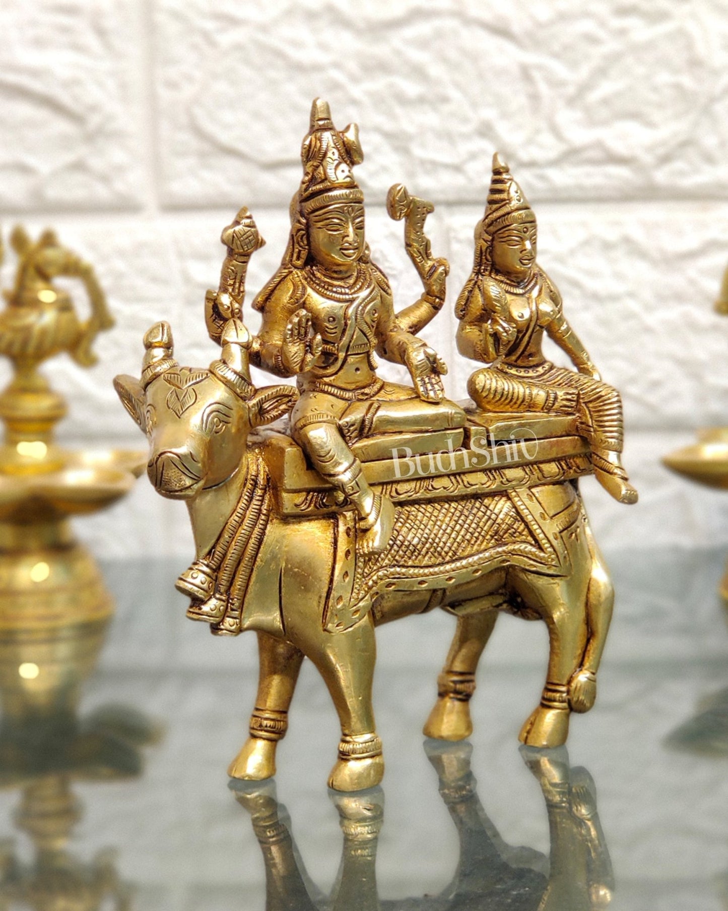 Brass Shiva Parvati Seated on Nandi | Pradosh Idol | 6" Height - Budhshiv.com
