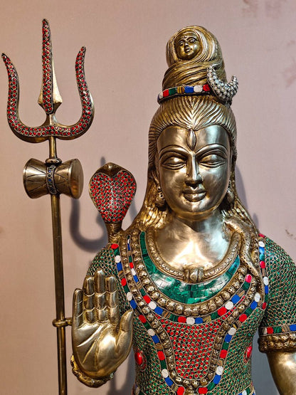 Brass Shiva statue 3 feet 35 inches with stonework - Budhshiv.com