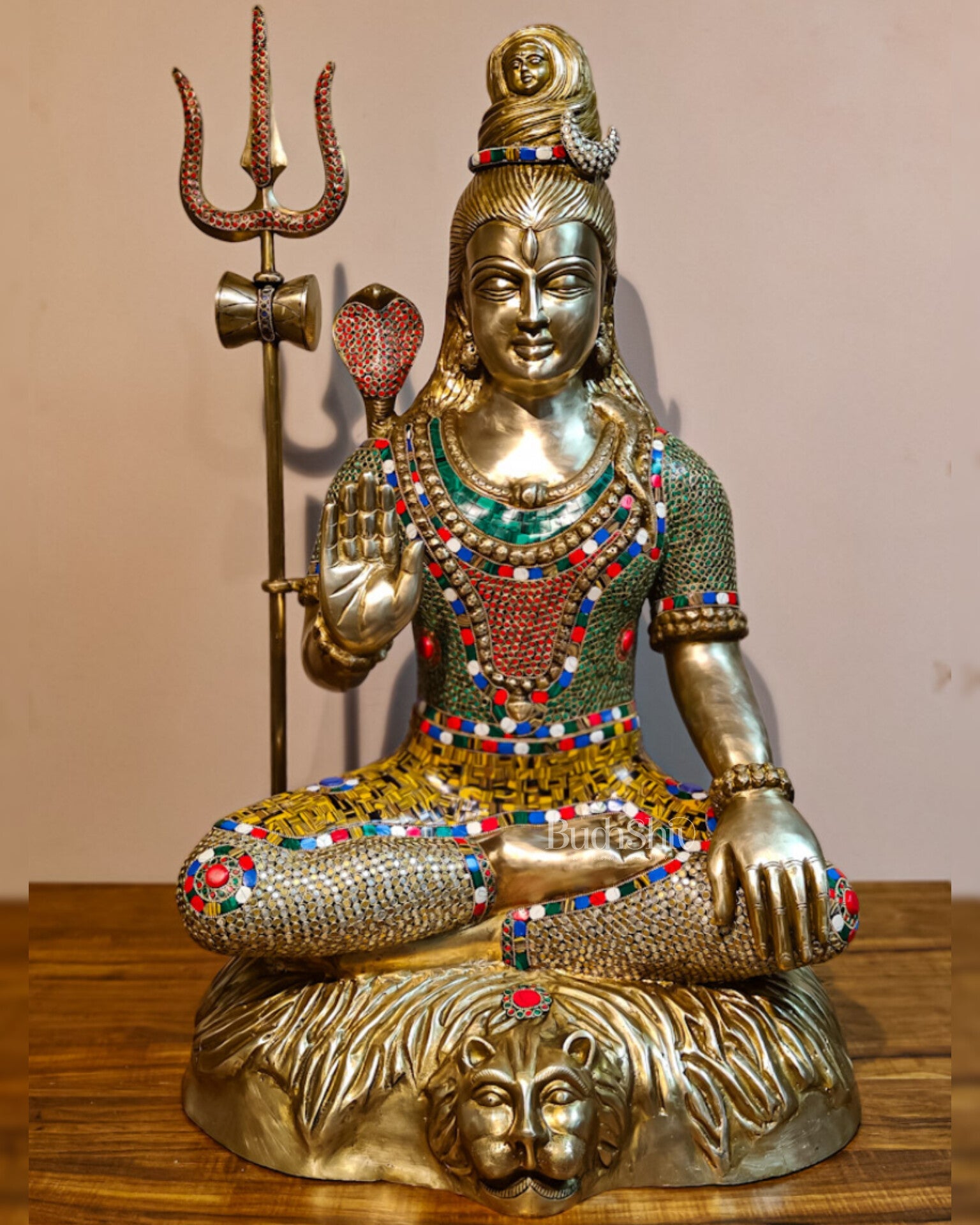 Brass Shiva statue 3 feet 35 inches with stonework - Budhshiv.com
