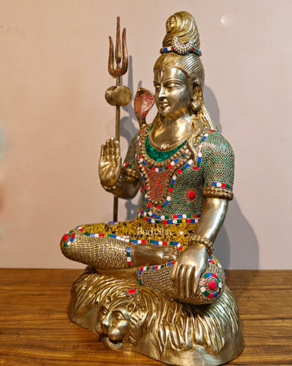 Brass Shiva statue 3 feet 35 inches with stonework - Budhshiv.com