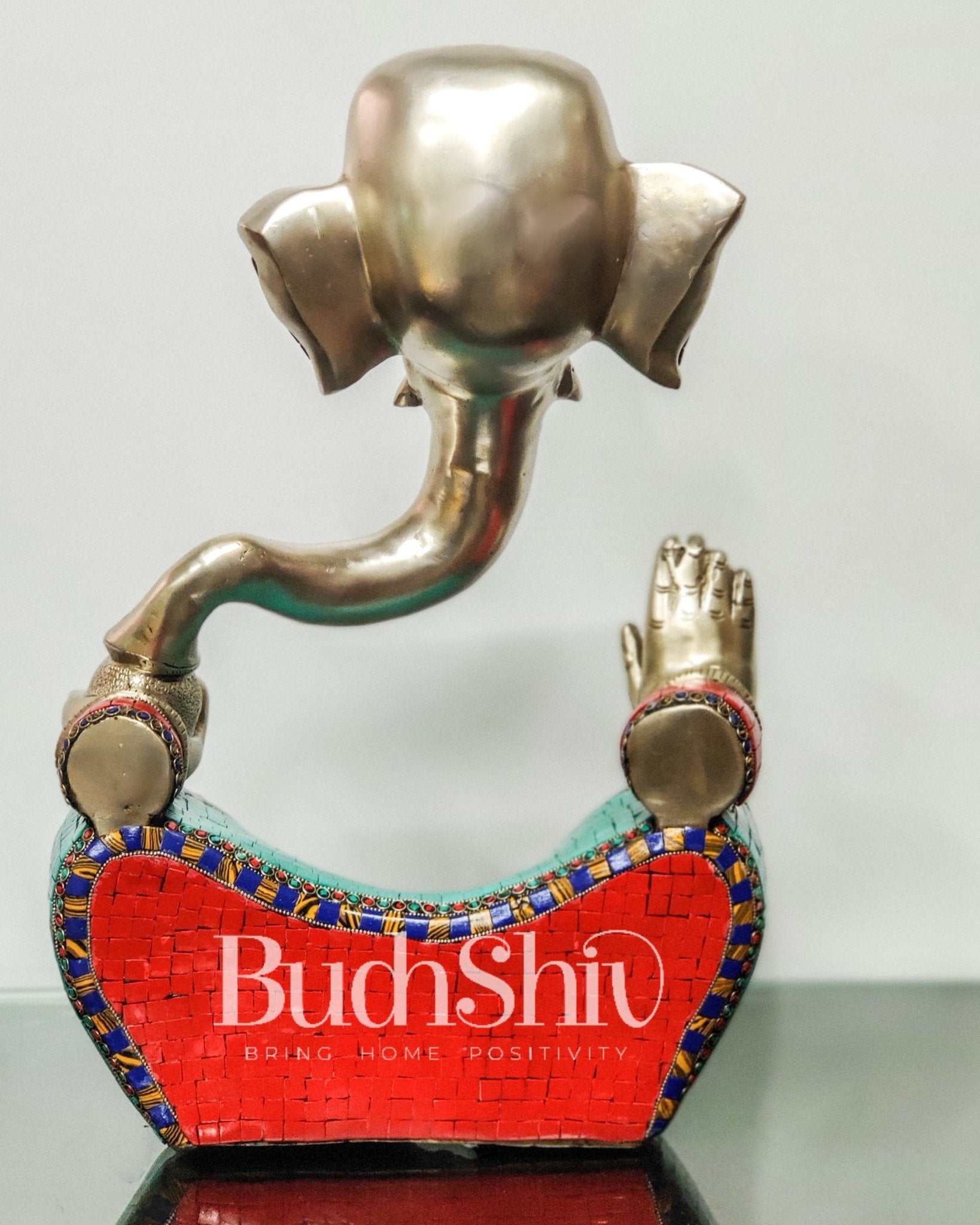 Brass Silver Plated Modern Abstract Aatma Ganesha Statue with Stonework 18 " - Budhshiv.com