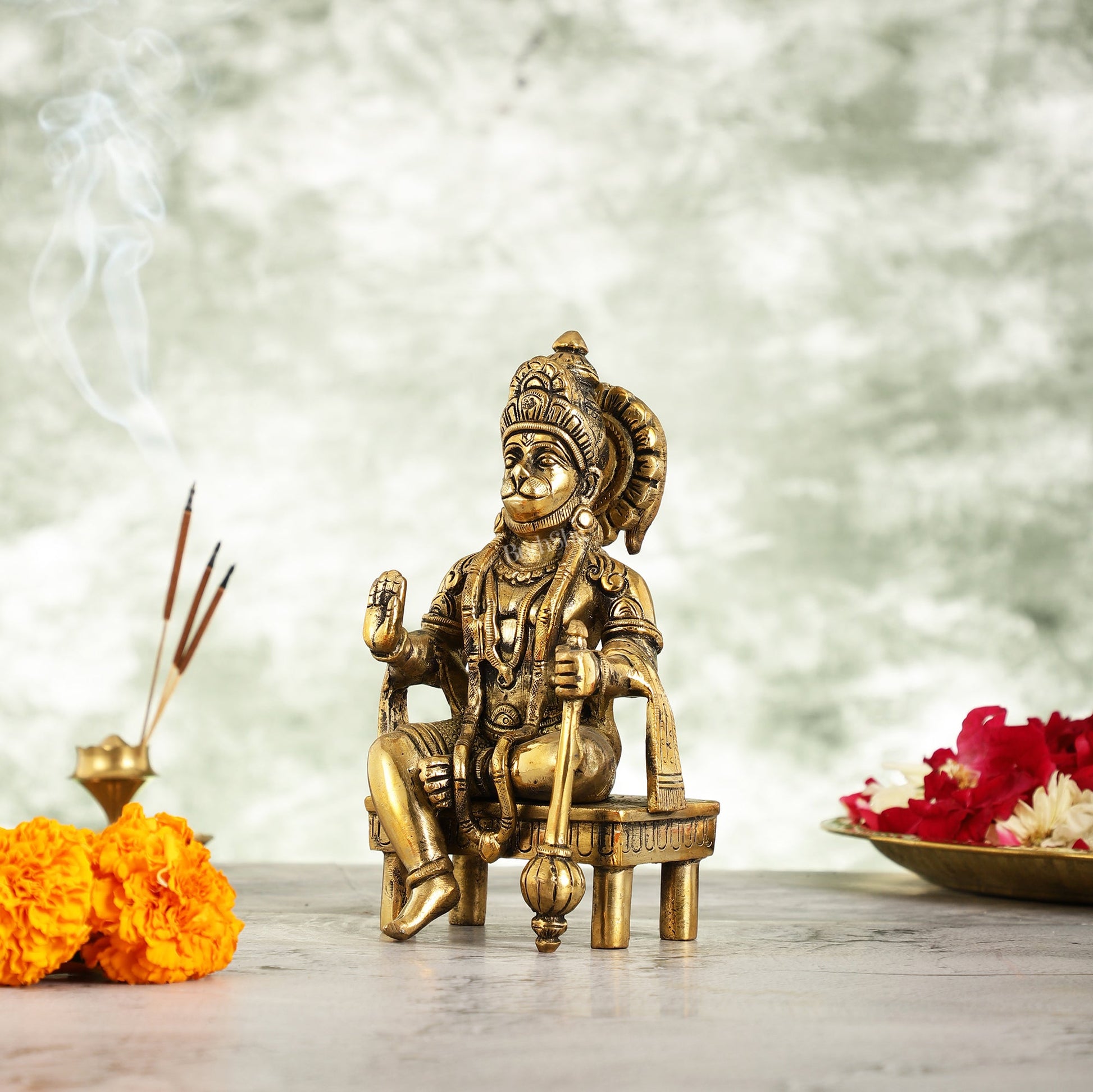 Brass Sitting Lord Hanuman Statue - 6 Inch - Budhshiv.com