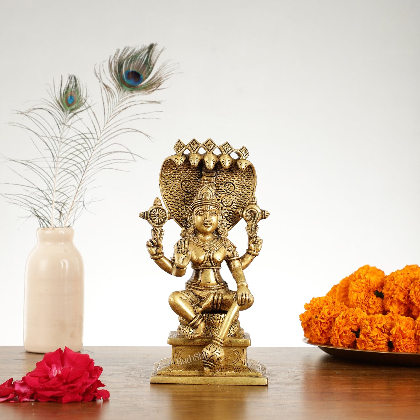 Brass Sitting Lord Vishnu with Sheshanaag Idol - 9.25 Inch - Budhshiv.com