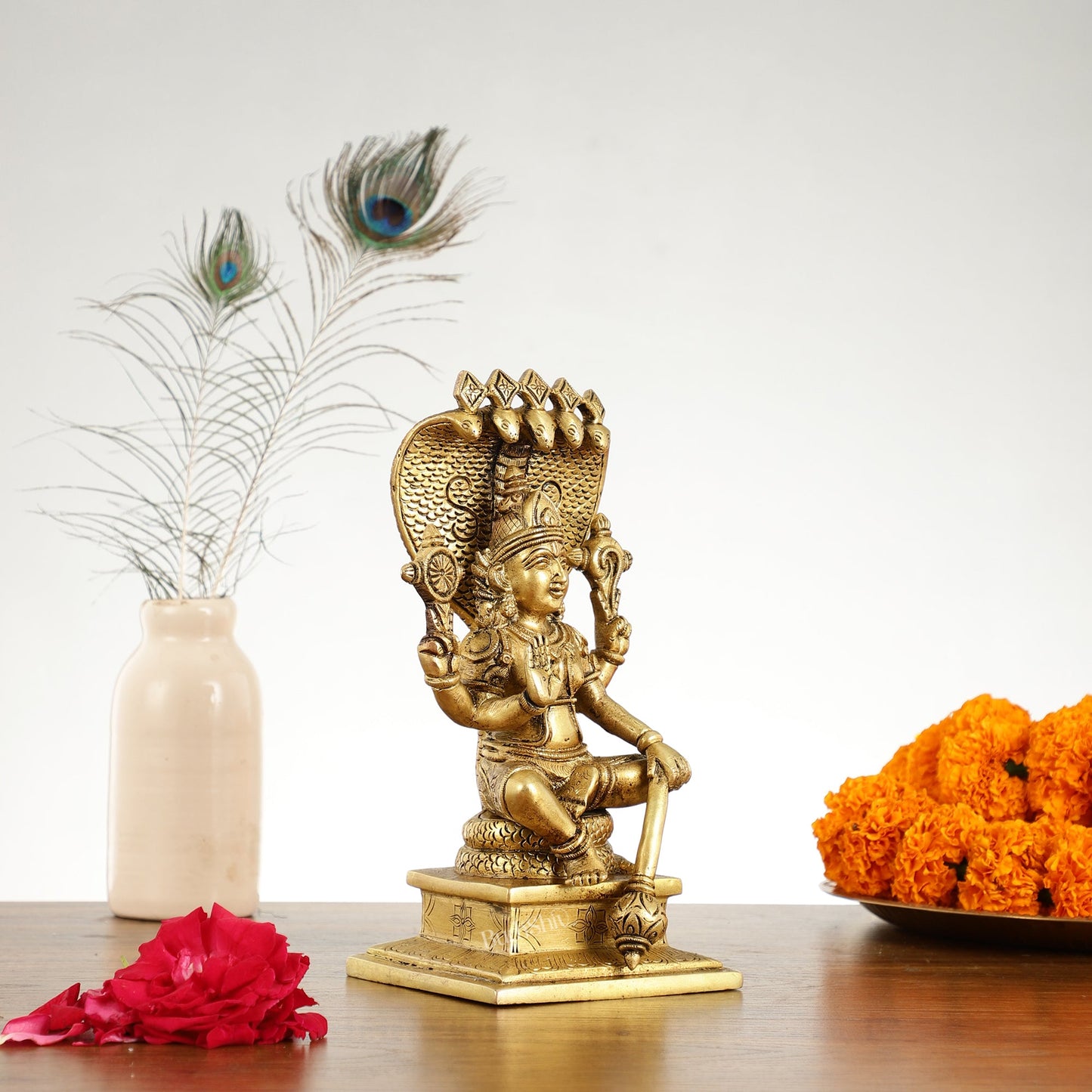 Brass Sitting Lord Vishnu with Sheshanaag Idol - 9.25 Inch - Budhshiv.com