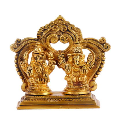 Brass small Ganesh Lakshmi idol with prabhavali frame 3.5" - Budhshiv.com