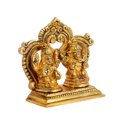 Brass small Ganesh Lakshmi idol with prabhavali frame 3.5" - Budhshiv.com