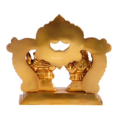 Brass small Ganesh Lakshmi idol with prabhavali frame 3.5" - Budhshiv.com