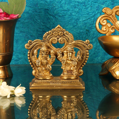 Brass small Ganesh Lakshmi idol with prabhavali frame 3.5" - Budhshiv.com