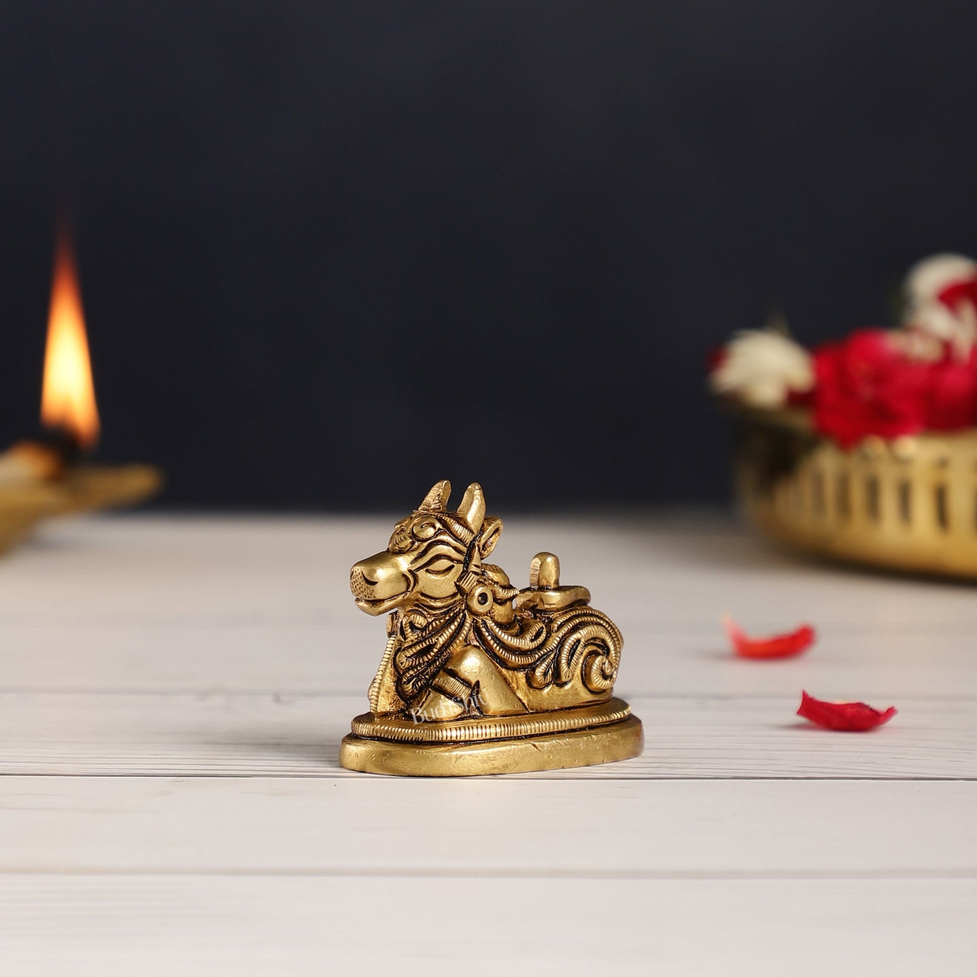 Brass Small Nandi Idol with Shiv Ling | 2 inch - Budhshiv.com