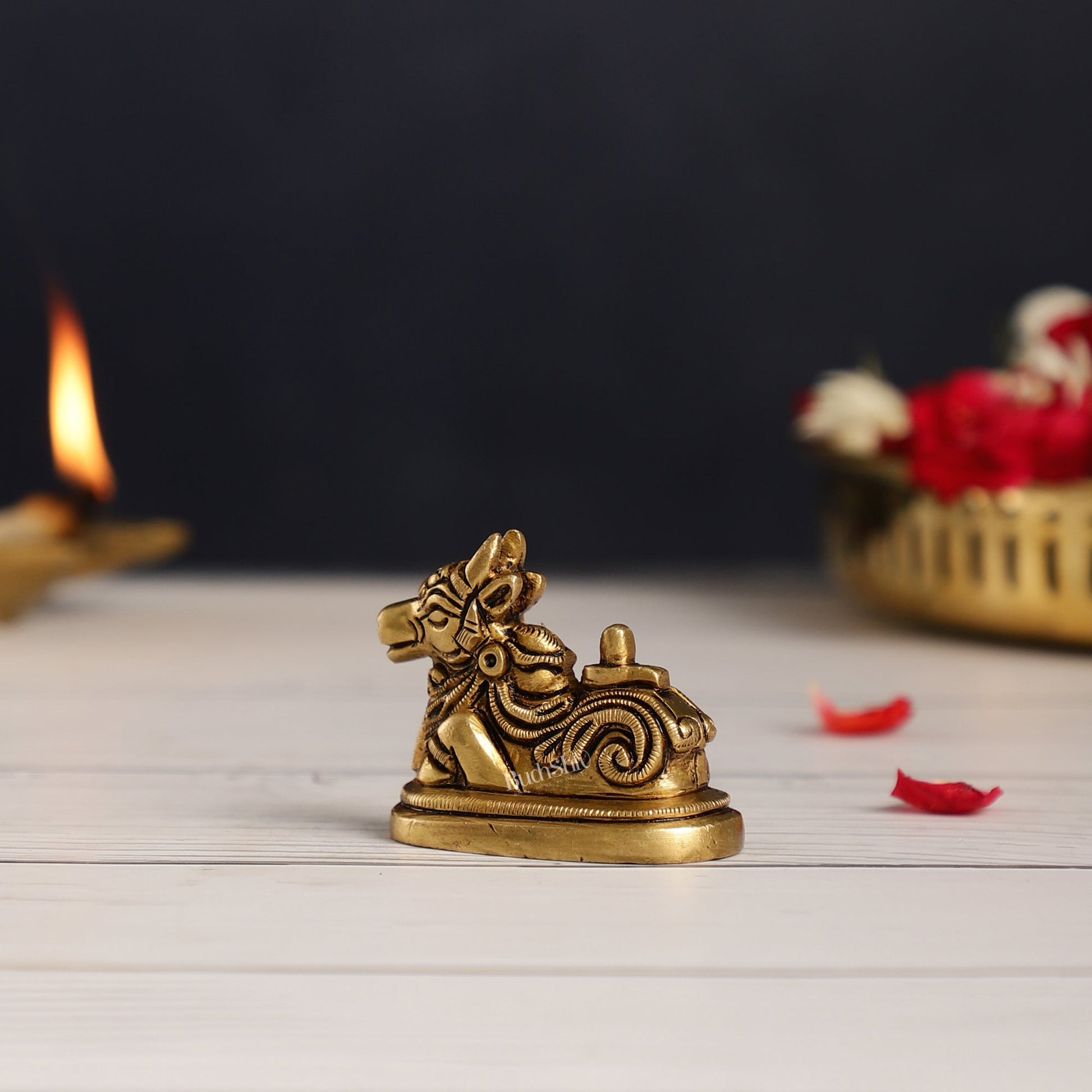 Brass Small Nandi Idol with Shiv Ling | 2 inch - Budhshiv.com