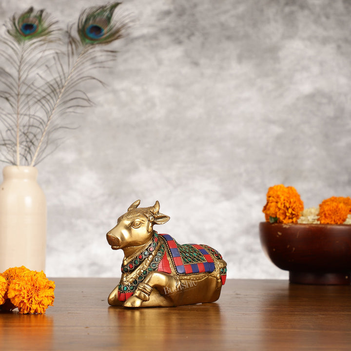 "Brass Small Nandi Idol with Stonework |6" - Budhshiv.com