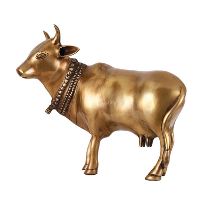 Brass Standing Cow Idol - Gomatha Statue with Antique Finish | 13 inch - Budhshiv.com