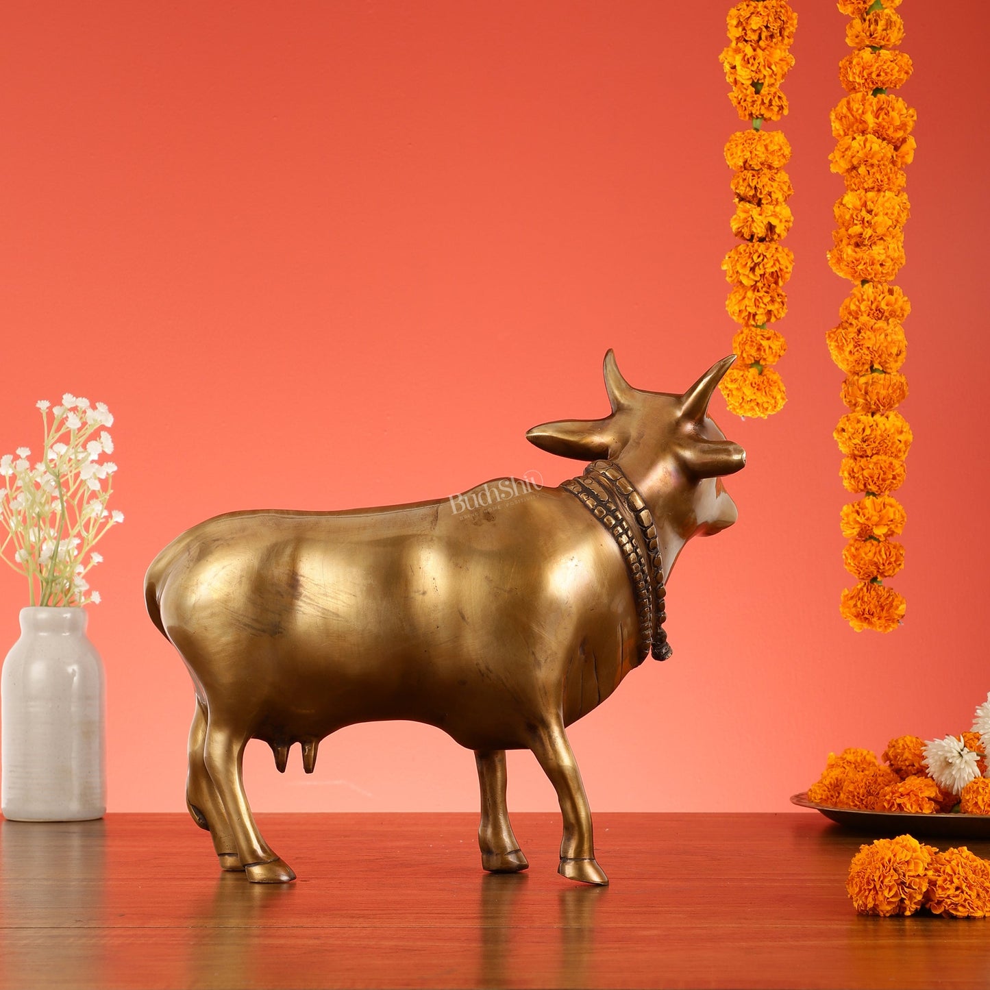 Brass Standing Cow Idol - Gomatha Statue with Antique Finish | 13 inch - Budhshiv.com