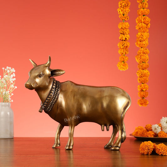 Brass Standing Cow Idol - Gomatha Statue with Antique Finish | 13 inch - Budhshiv.com