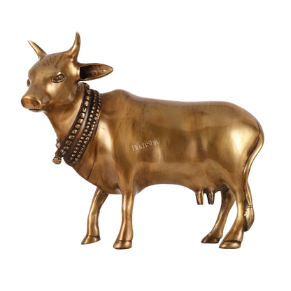 Brass Standing Cow Idol - Gomatha Statue with Antique Finish | 13 inch - Budhshiv.com