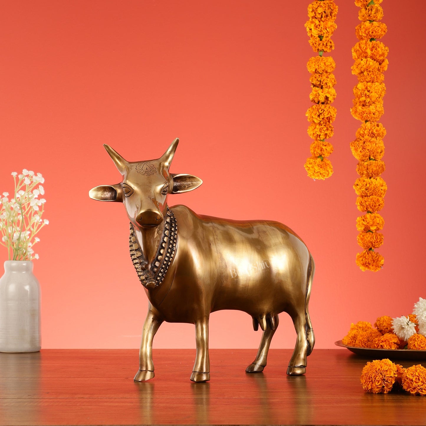 Brass Standing Cow Idol - Gomatha Statue with Antique Finish | 13 inch - Budhshiv.com