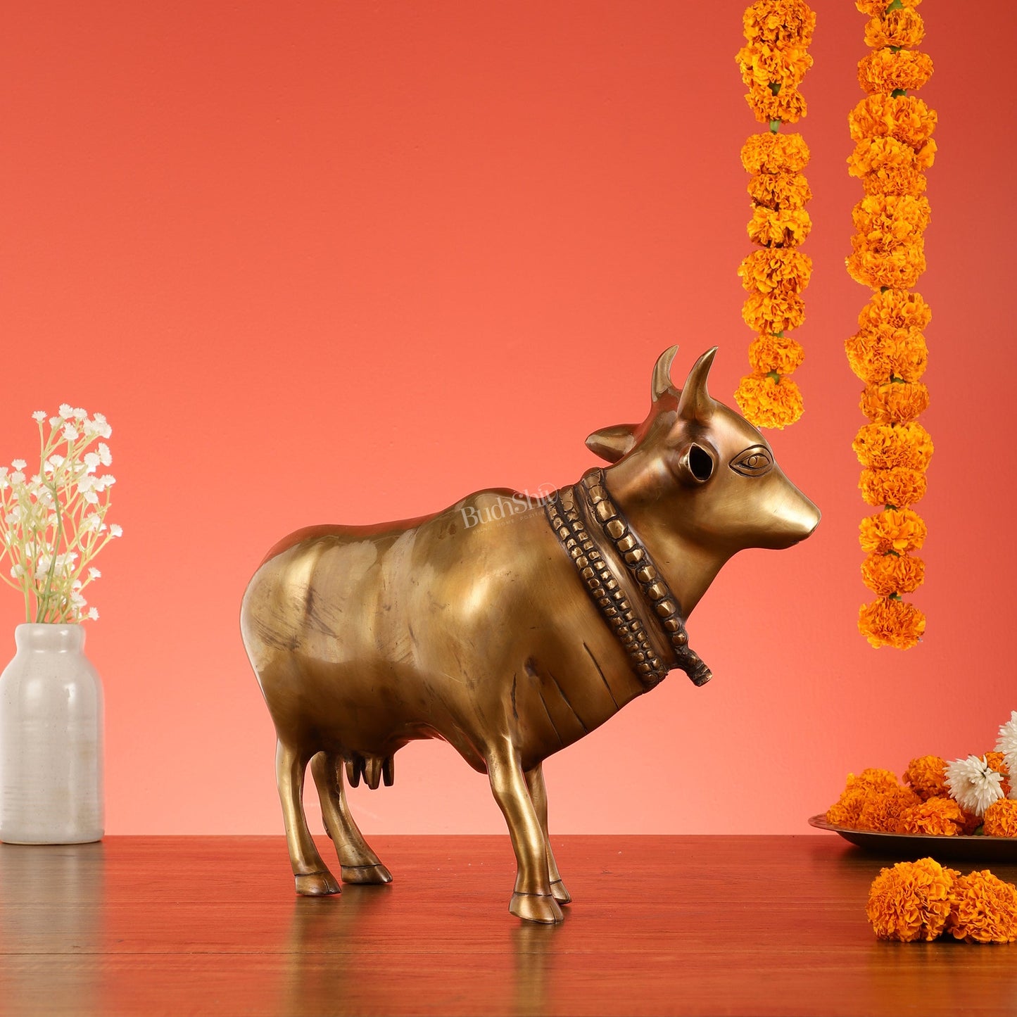 Brass Standing Cow Idol - Gomatha Statue with Antique Finish | 13 inch - Budhshiv.com