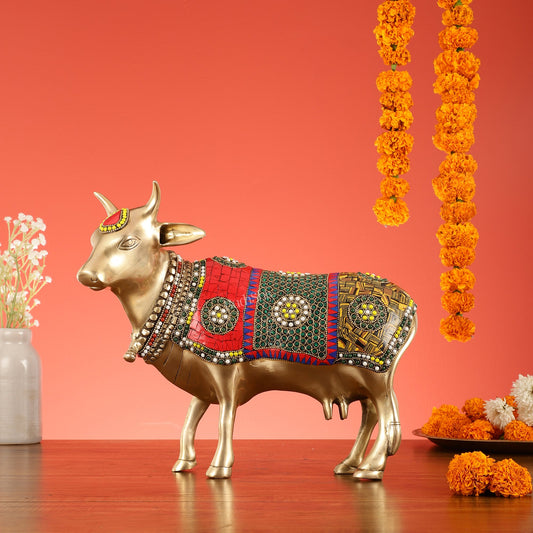 Brass Standing Cow Idol - Gomatha Statue with stonework | 13 inch - Budhshiv.com